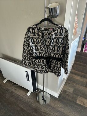 Black and Cream Patterned Tie-Front Sweater Jacket